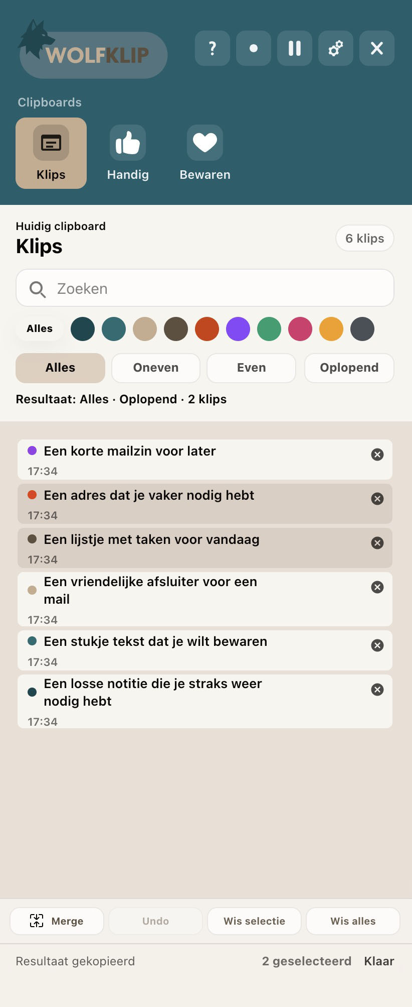 WOLFKLIP interface met klipgroepen en tekstklips